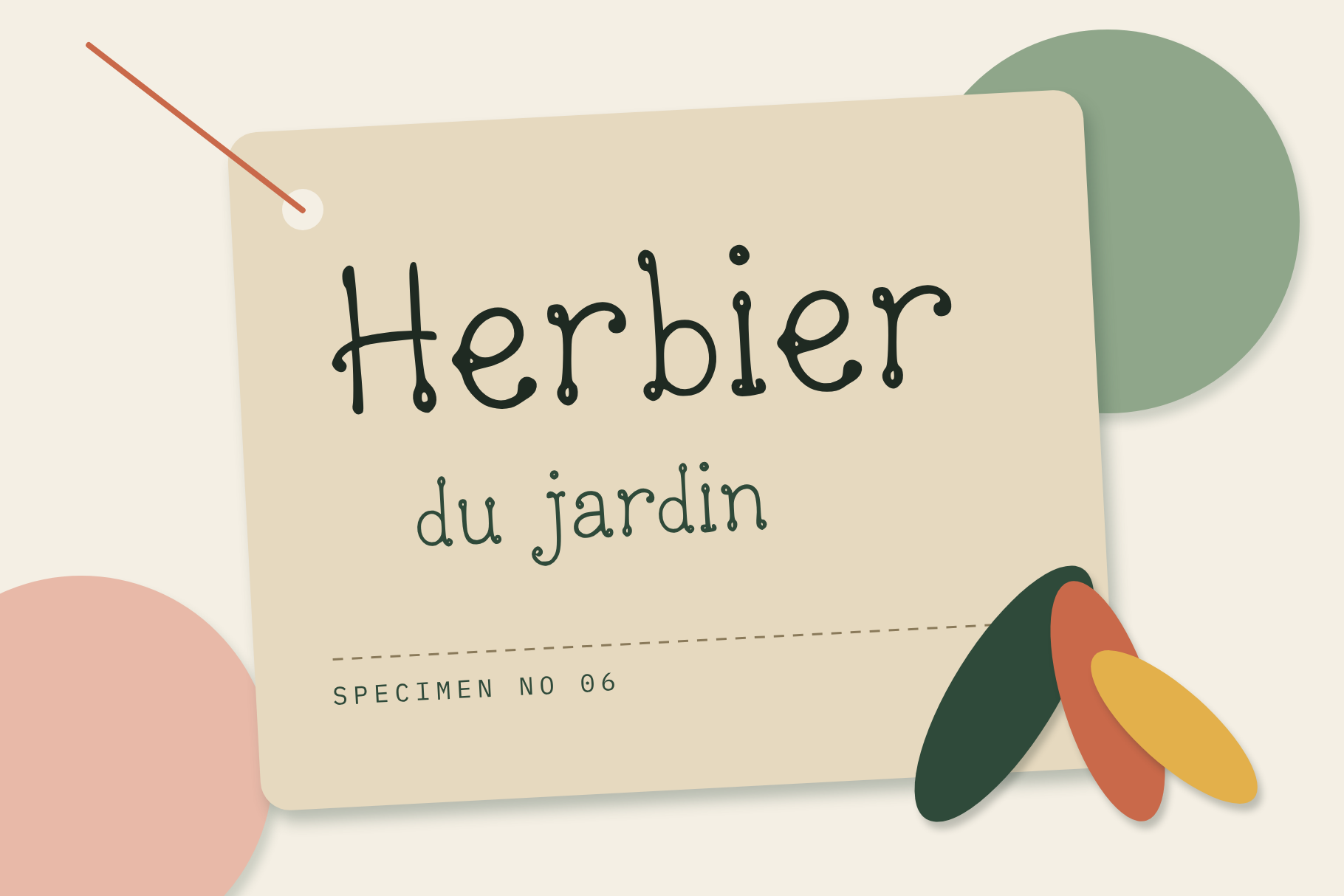 Posh Scribble on a herbarium label reading Herbier du jardin with a red string and leaf shapes
