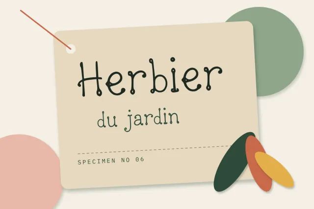 Posh Scribble on a herbarium label reading Herbier du jardin with a red string and leaf shapes