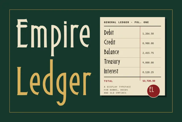 Empire Ledger cover with the name in cream and gold on dark green beside a ledger card listing Debit, Credit and Balance