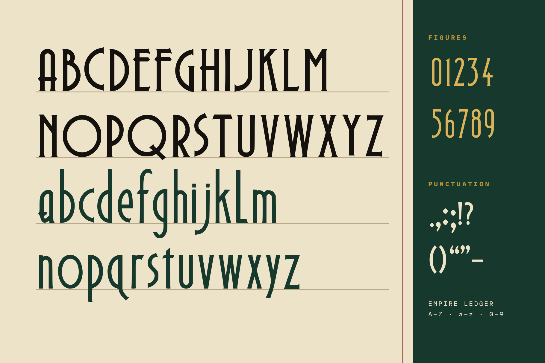 Empire Ledger full alphabet in capitals and lowercase on a ledger page with figures and punctuation on a green strip