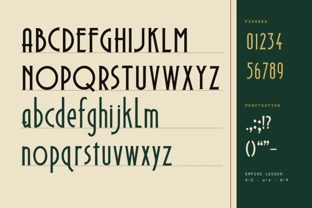 Empire Ledger full alphabet in capitals and lowercase on a ledger page with figures and punctuation on a green strip