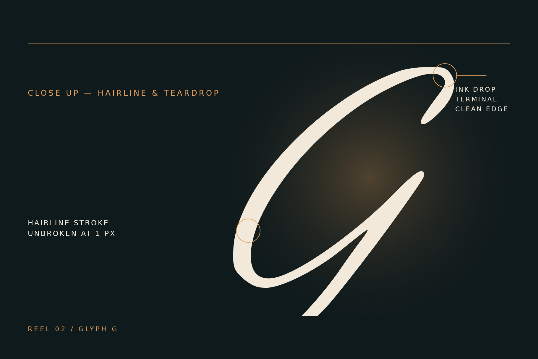 Aperture Reel close up of the letter G marking its hairline stroke and ink drop terminal