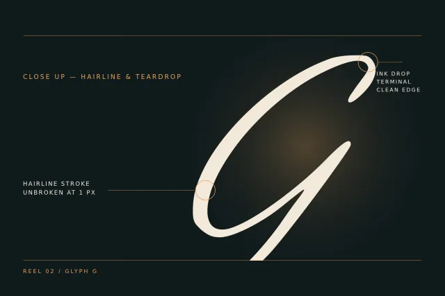 Aperture Reel close up of the letter G marking its hairline stroke and ink drop terminal