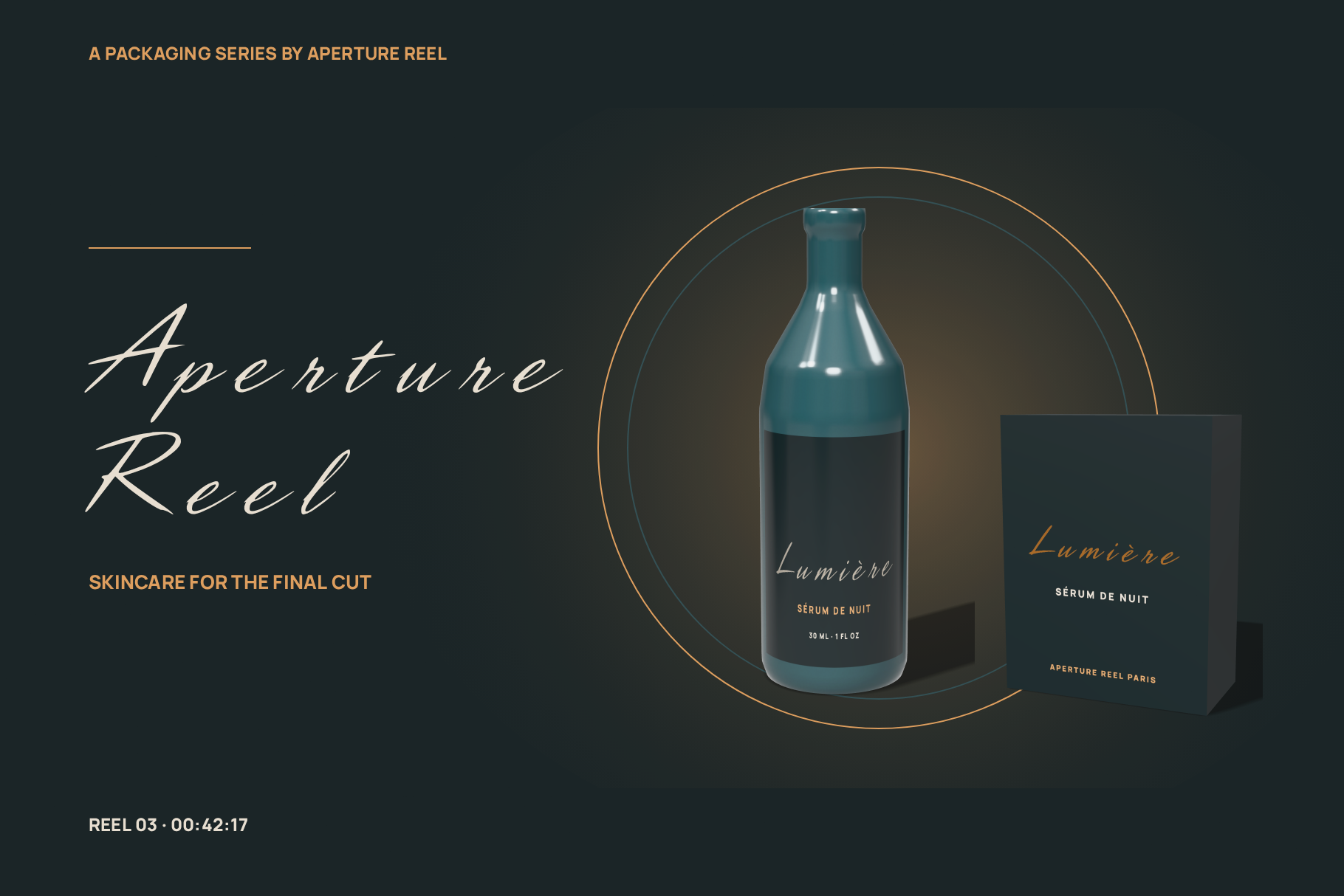Aperture Reel packaging mockup with a Lumière night serum bottle and box in teal and gold