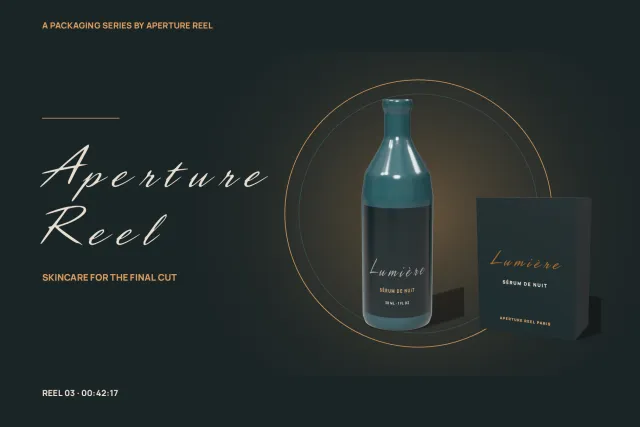 Aperture Reel packaging mockup with a Lumière night serum bottle and box in teal and gold