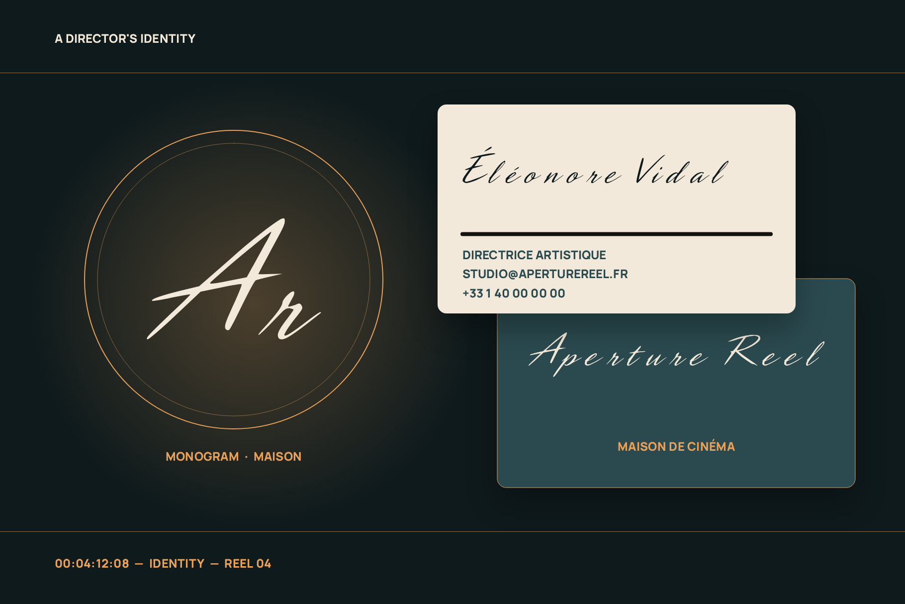Aperture Reel identity card with an Ar monogram in a gold ring next to two business cards