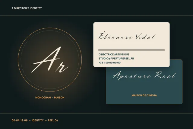 Aperture Reel identity card with an Ar monogram in a gold ring next to two business cards