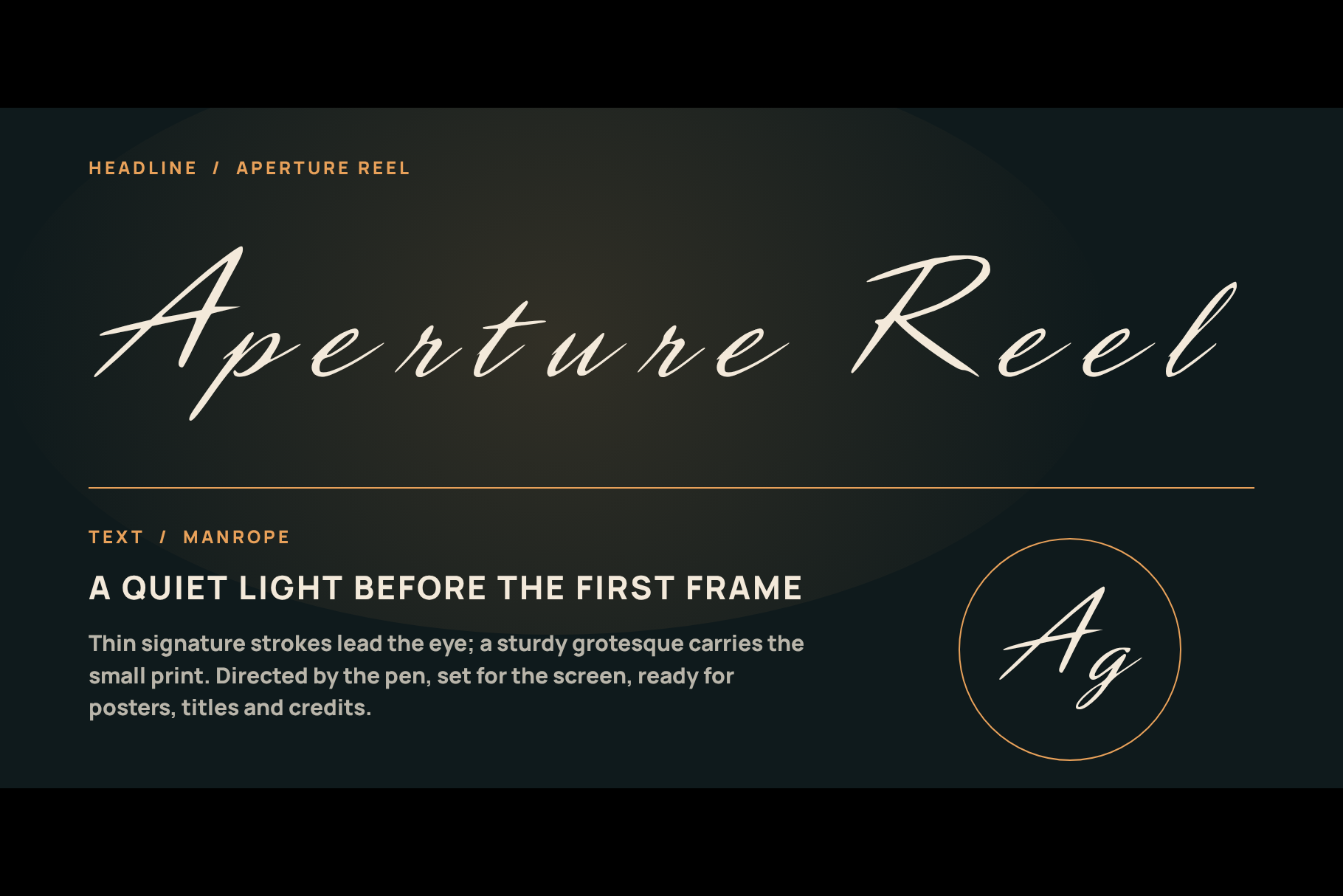 Aperture Reel pairing card with the script headline above a grotesque paragraph and an Ag badge