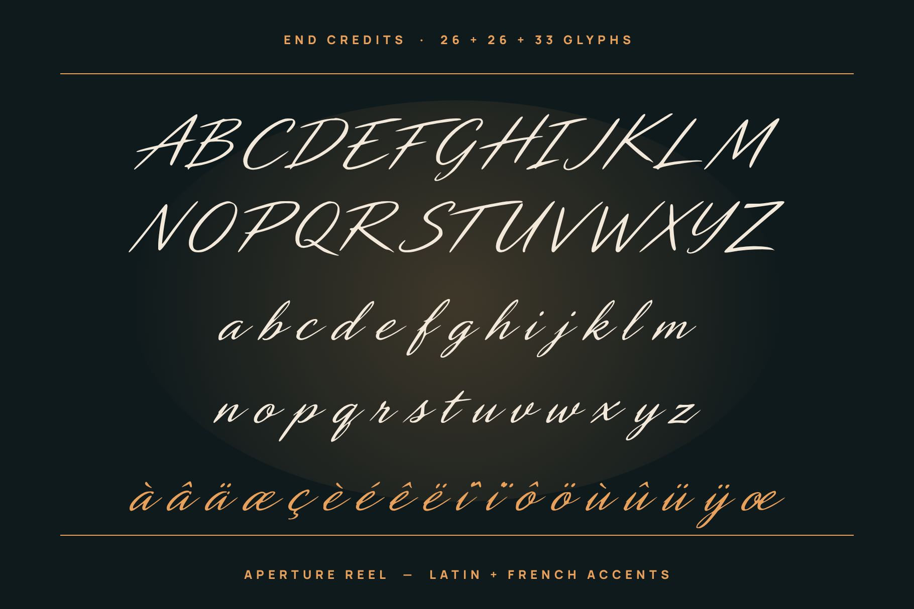 Aperture Reel character set with capitals, lowercase and a gold row of French accented letters