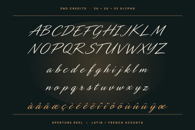 Aperture Reel character set with capitals, lowercase and a gold row of French accented letters