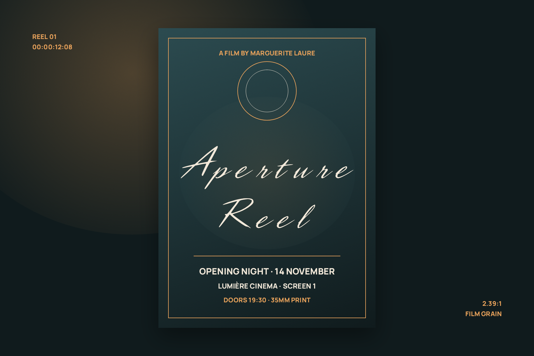 Aperture Reel film premiere poster with the title in script inside a thin gold frame