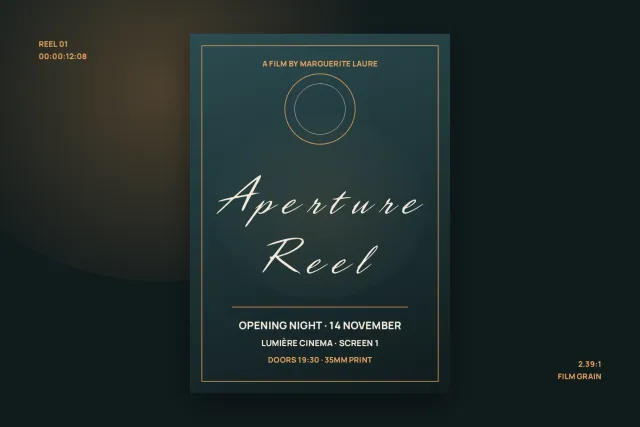Aperture Reel film premiere poster with the title in script inside a thin gold frame