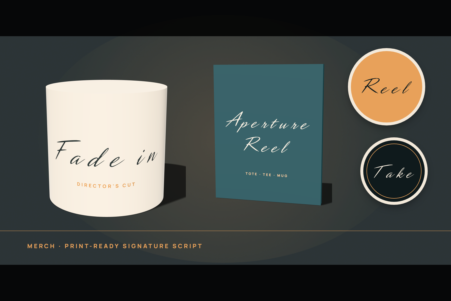 Aperture Reel merch mockup with a Fade in cup, a teal Aperture Reel card and two round badges