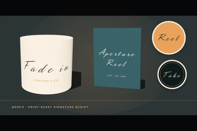 Aperture Reel merch mockup with a Fade in cup, a teal Aperture Reel card and two round badges