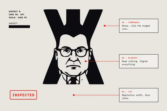 Politician Faces Cyrillic letter Zhe enlarged with a face in glasses and tie, annotated like an evidence file