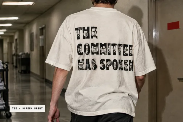 Politician Faces print on a white t-shirt reading THE COMMITTEE HAS SPOKEN, worn in an office corridor