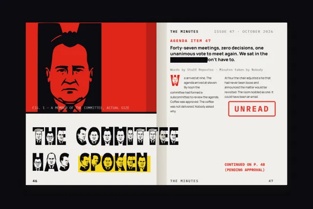 Politician Faces magazine spread with a red portrait page and the headline THE COMMITTEE HAS SPOKEN