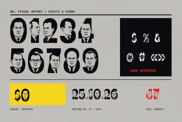 Politician Faces digits 0 to 9 with faces, plus signs $ % & @ # and dates set in the font