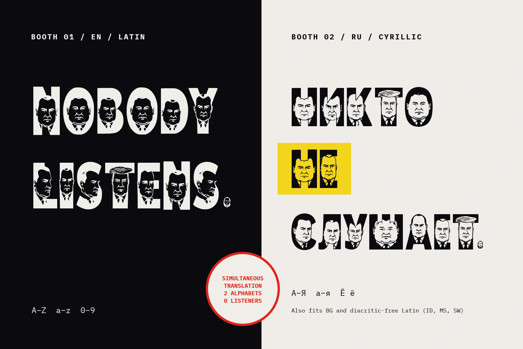 Politician Faces in Latin and Cyrillic: NOBODY LISTENS next to the Russian НИКТО НЕ СЛУШАЕТ