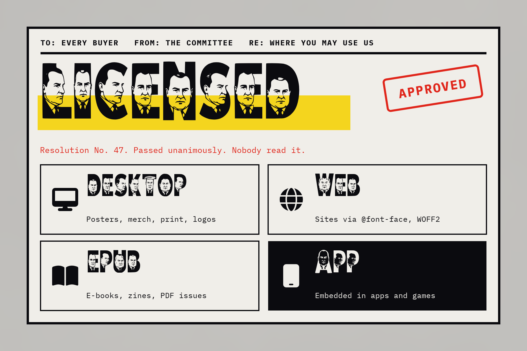 Politician Faces license card: LICENSED headline with Desktop, Web, ePub and App license panels