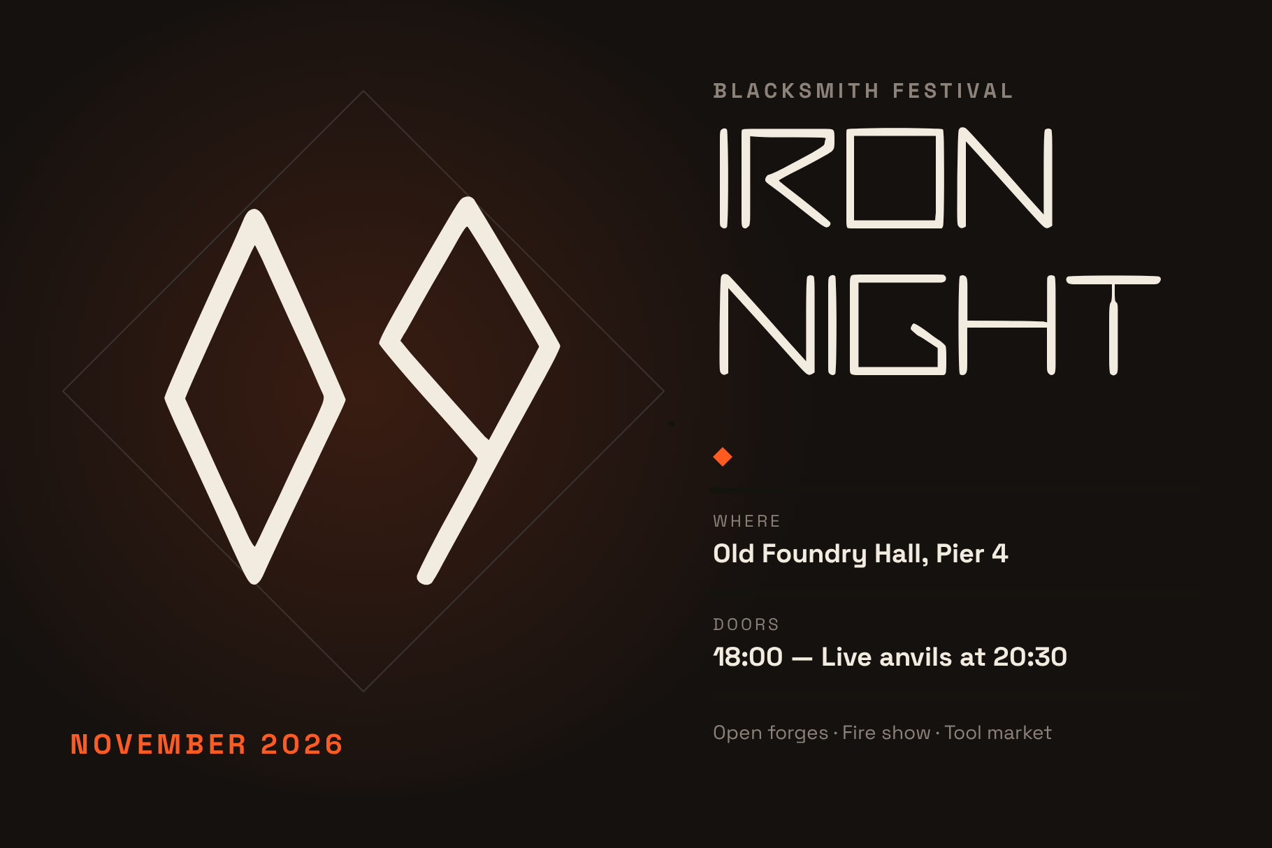 Anvil Forge font on a blacksmith festival poster Iron Night with a large diamond-shaped 09 and event details