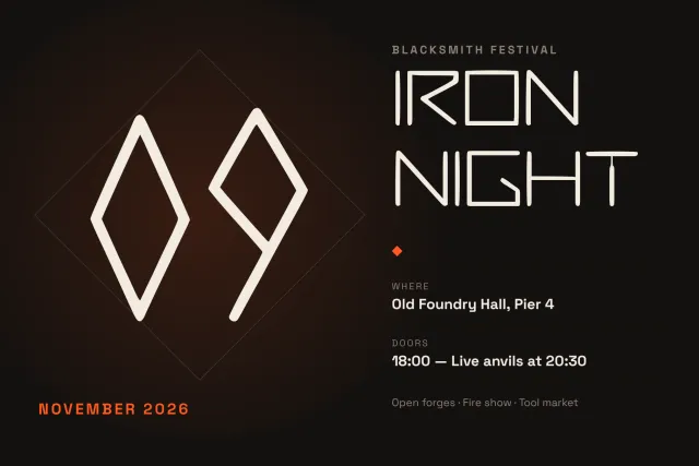 Anvil Forge font on a blacksmith festival poster Iron Night with a large diamond-shaped 09 and event details