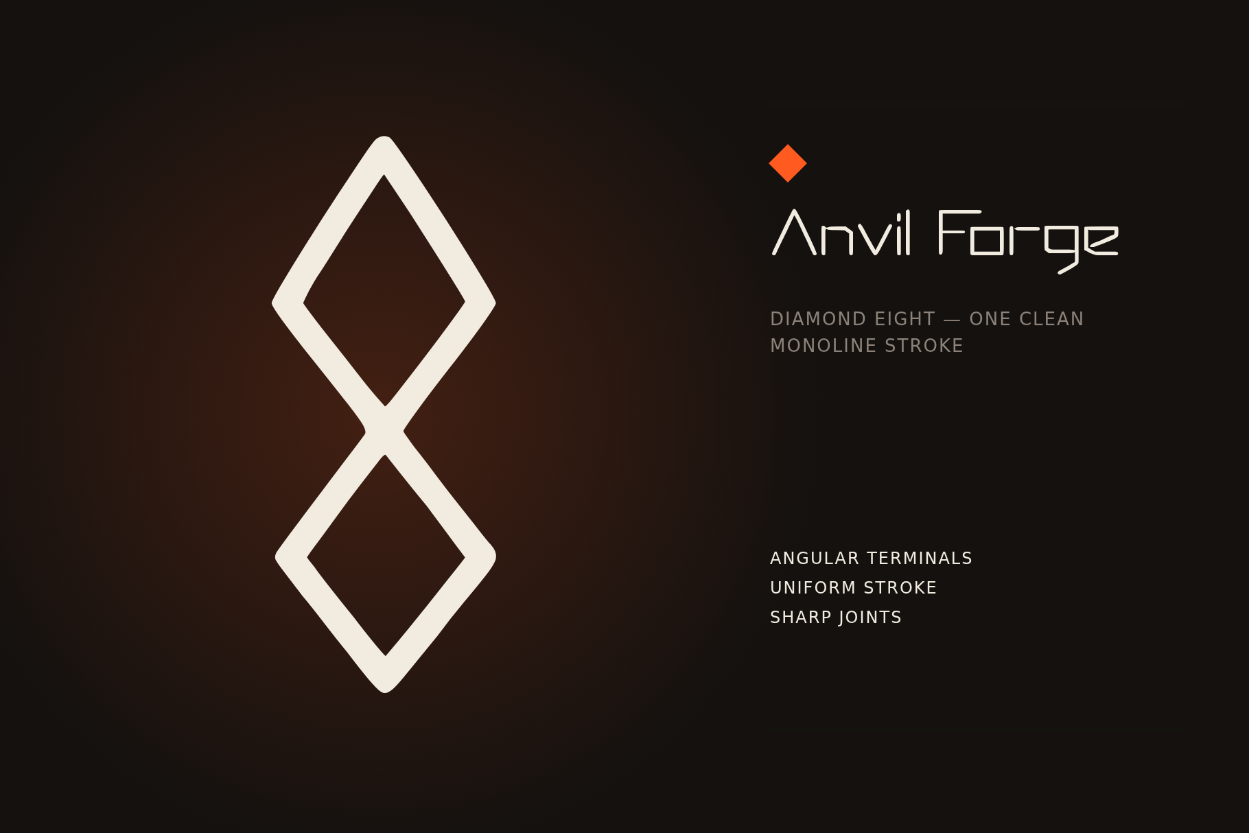 Anvil Forge font close-up of the diamond eight drawn in one monoline stroke, with notes on sharp joints