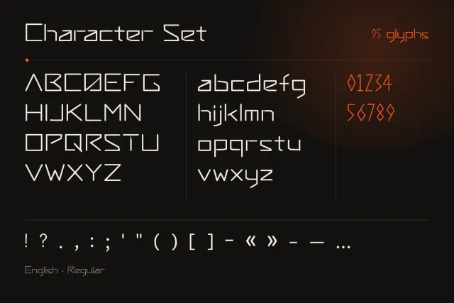 Anvil Forge font character set with angular capitals, lowercase, orange figures and punctuation on dark
