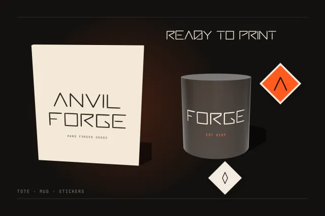 Anvil Forge font on a cream tote reading Anvil Forge Hand Forged Goods and a dark mug reading Forge