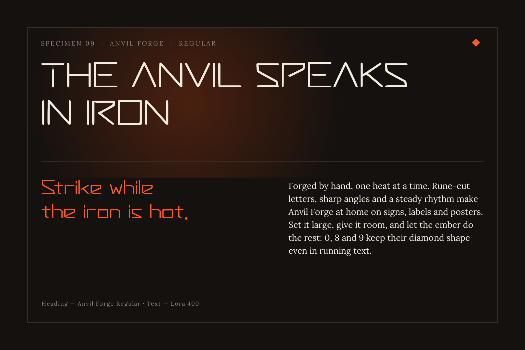 Anvil Forge font specimen with The Anvil Speaks in Iron headline and orange Strike while the iron is hot