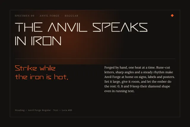 Anvil Forge font specimen with The Anvil Speaks in Iron headline and orange Strike while the iron is hot