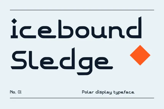 Icebound Sledge cover card, font name in navy on pale ice blue with an orange diamond and the line Polar display typeface