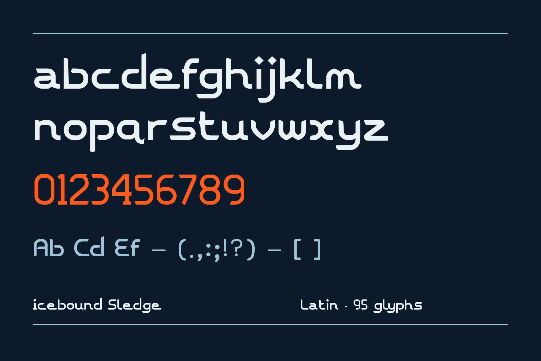 Icebound Sledge lowercase a to z, orange figures 0 to 9 and punctuation set on a dark navy background