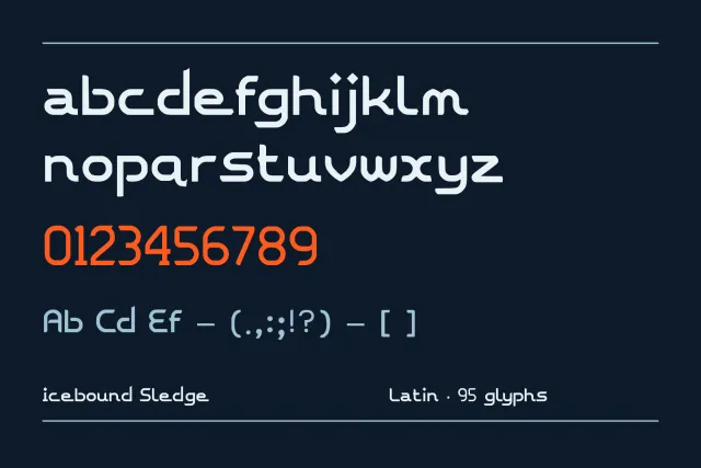 Icebound Sledge lowercase a to z, orange figures 0 to 9 and punctuation set on a dark navy background