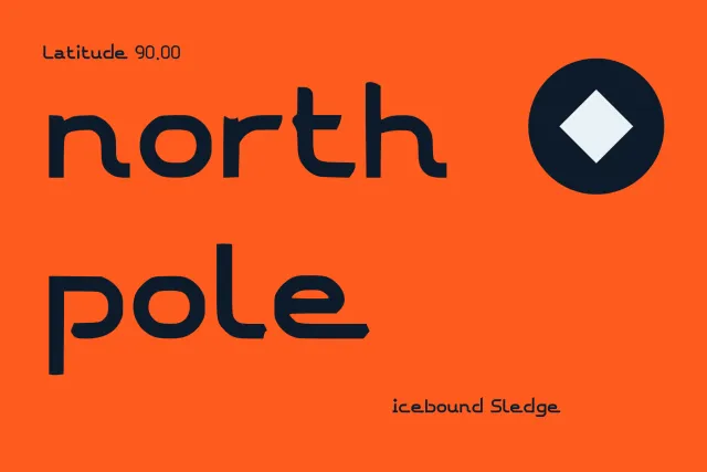 Icebound Sledge poster reading north pole in navy on orange with a white diamond in a dark circle and Latitude 90.00