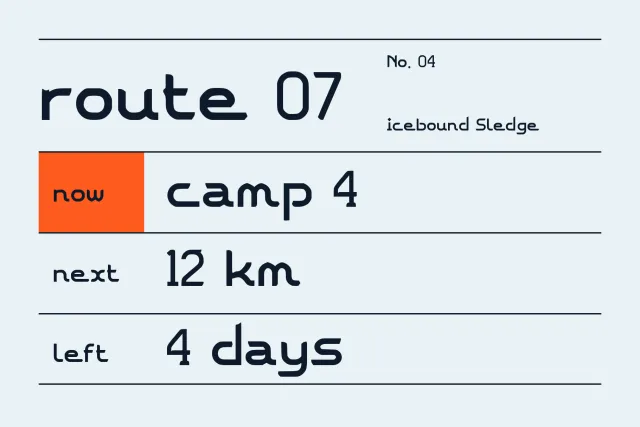 Icebound Sledge route board with route 07, camp 4, 12 km and 4 days in rows on pale blue, one cell in orange