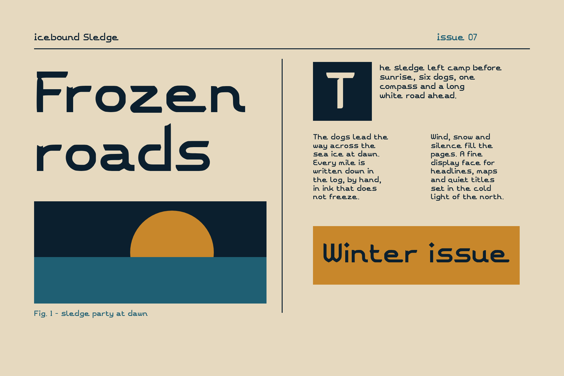 Icebound Sledge magazine spread with the headline Frozen roads, a sunrise illustration, drop cap T and a Winter issue box