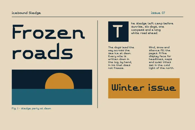 Icebound Sledge magazine spread with the headline Frozen roads, a sunrise illustration, drop cap T and a Winter issue box