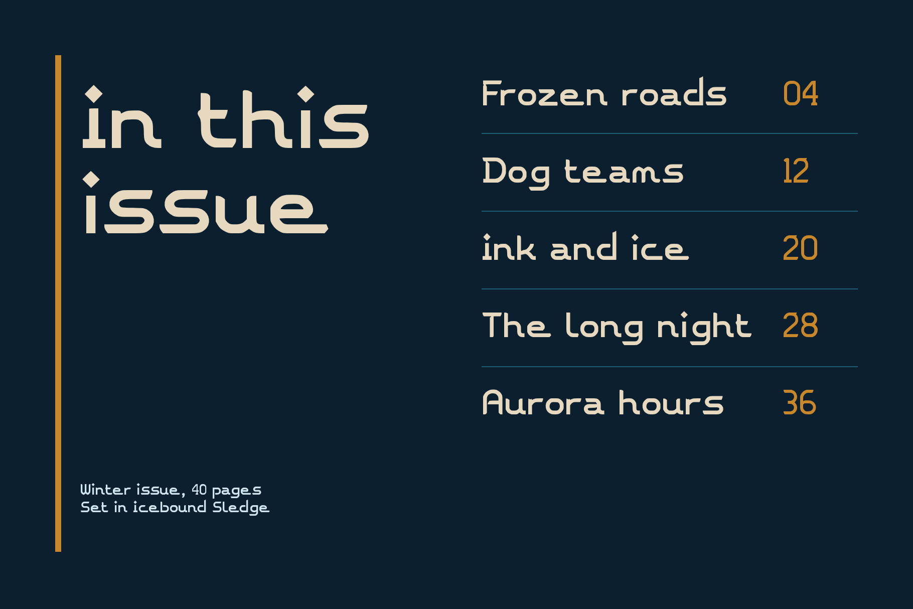Icebound Sledge contents page, in this issue with five story titles and page numbers in cream and gold on navy