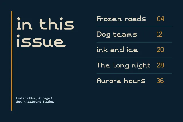 Icebound Sledge contents page, in this issue with five story titles and page numbers in cream and gold on navy