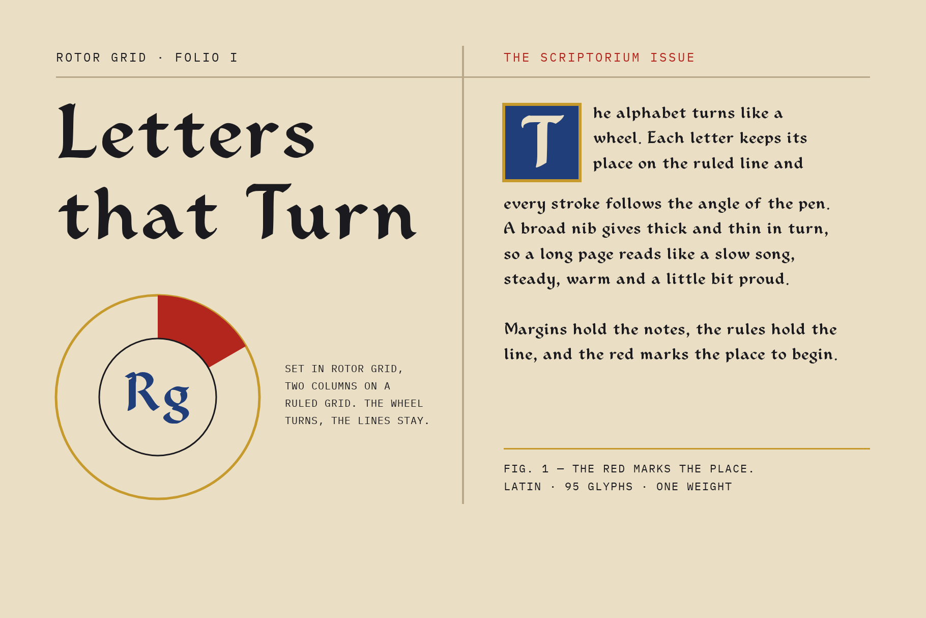 Rotor Grid editorial folio Letters that Turn with a blue drop cap T and two columns of text