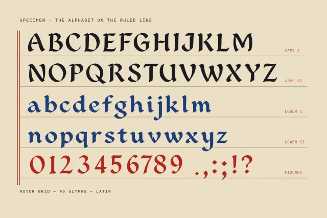 Rotor Grid alphabet on ruled lines with black capitals, blue lowercase and red figures and punctuation