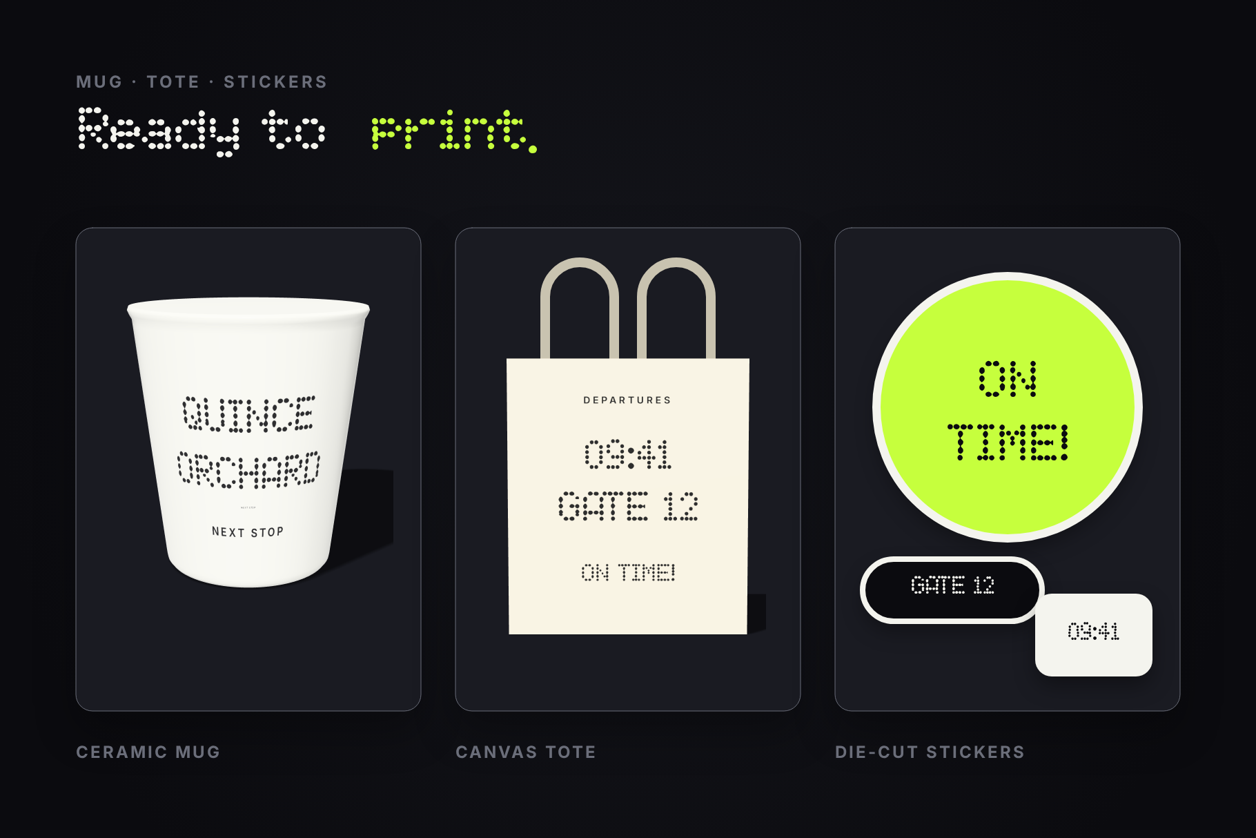 Quince Orchard font on a white mug, a canvas tote with gate times and a lime ON TIME! round sticker