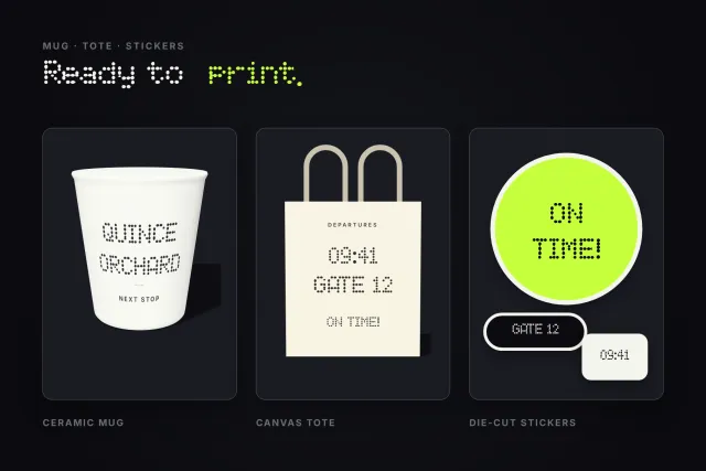 Quince Orchard font on a white mug, a canvas tote with gate times and a lime ON TIME! round sticker