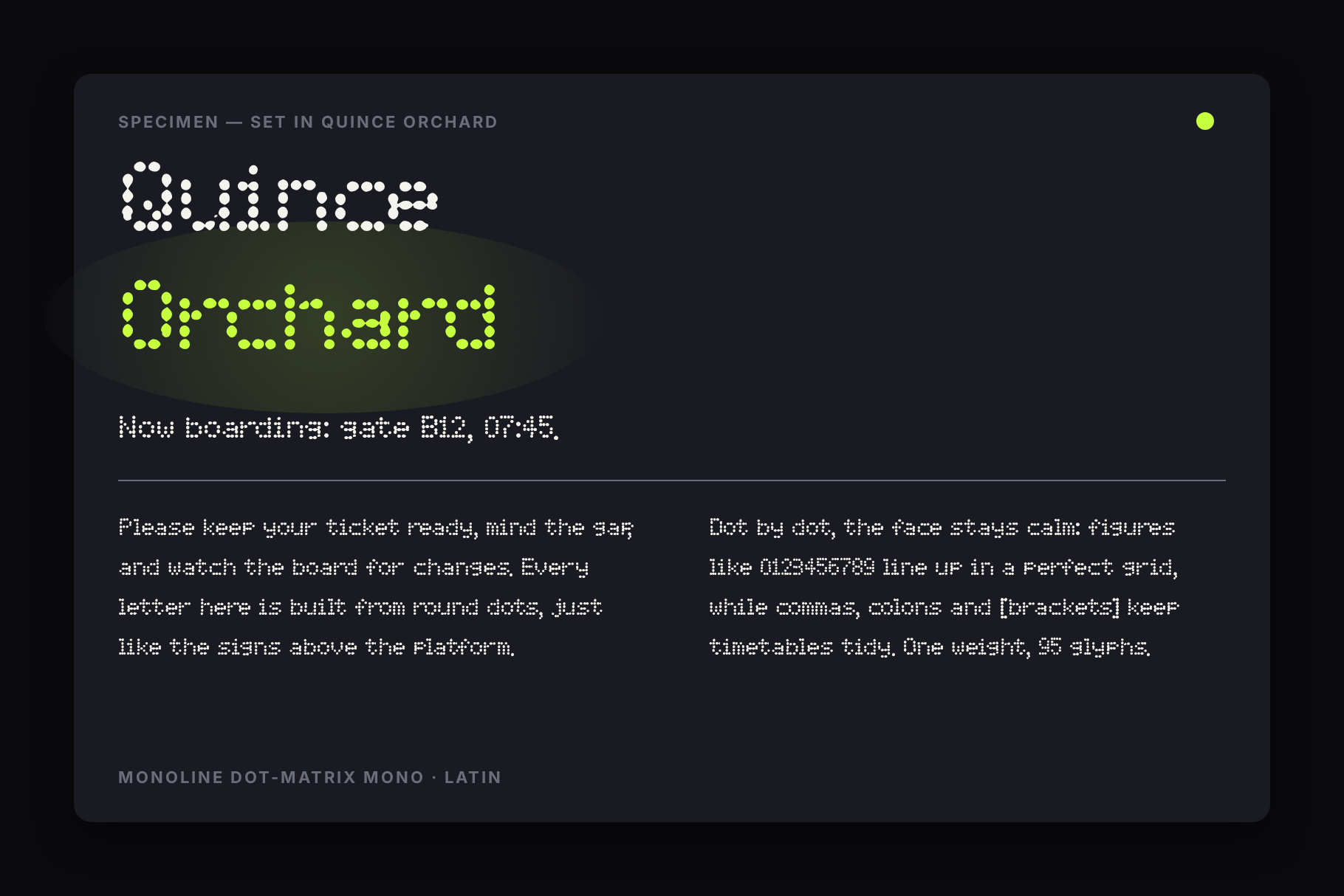 Quince Orchard font specimen with the name in white and lime and two columns of dotted running text