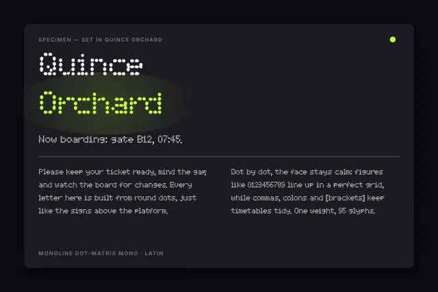 Quince Orchard font specimen with the name in white and lime and two columns of dotted running text