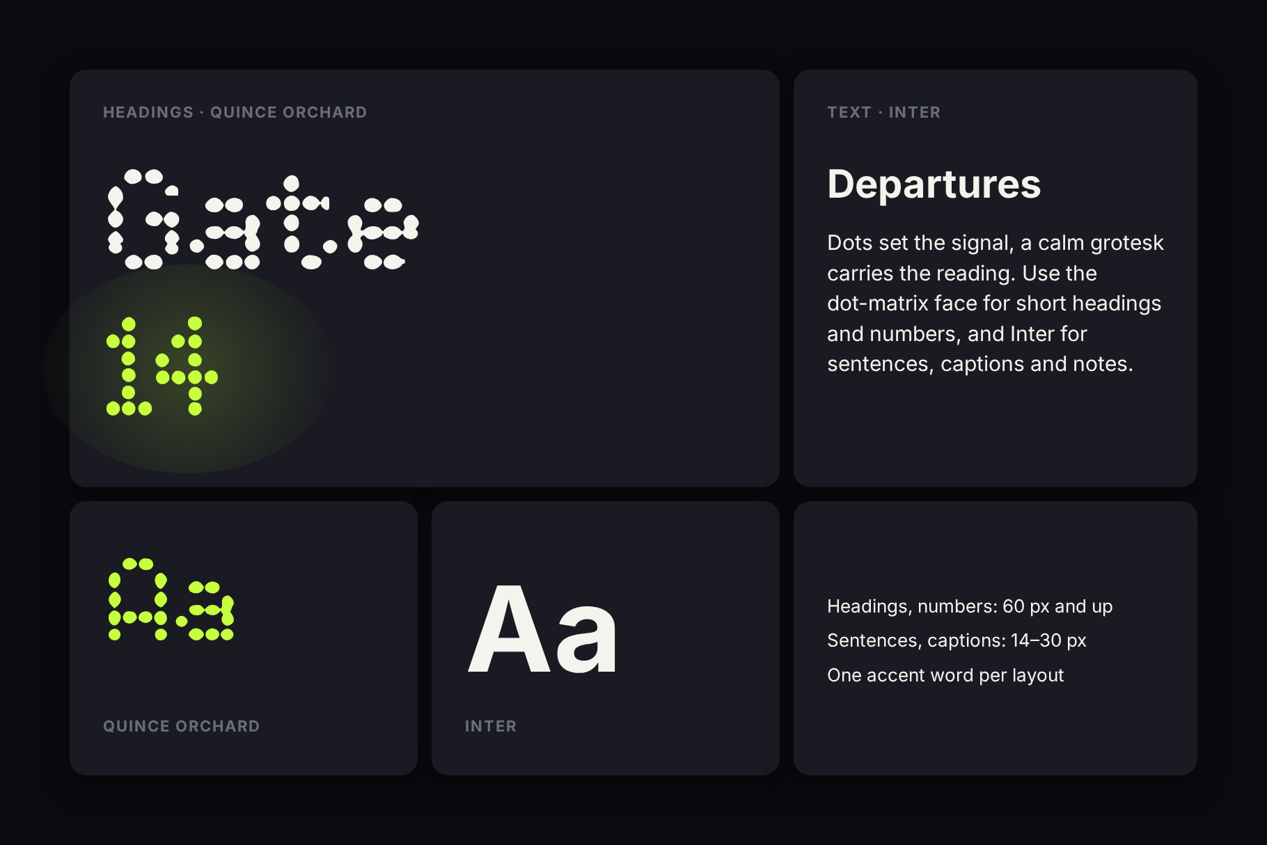 Quince Orchard font pairing card with a dotted Gate 14 heading next to a grotesk text block headed Departures