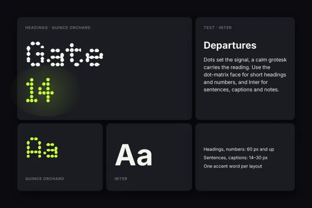 Quince Orchard font pairing card with a dotted Gate 14 heading next to a grotesk text block headed Departures
