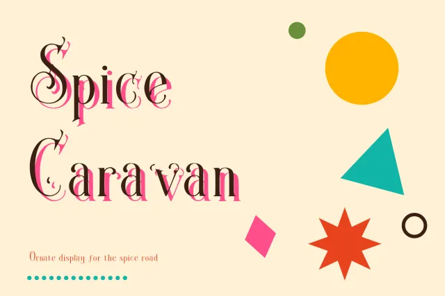 Spice Caravan cover in ornate dark lettering with a pink offset shadow beside Memphis style circles, triangle and star