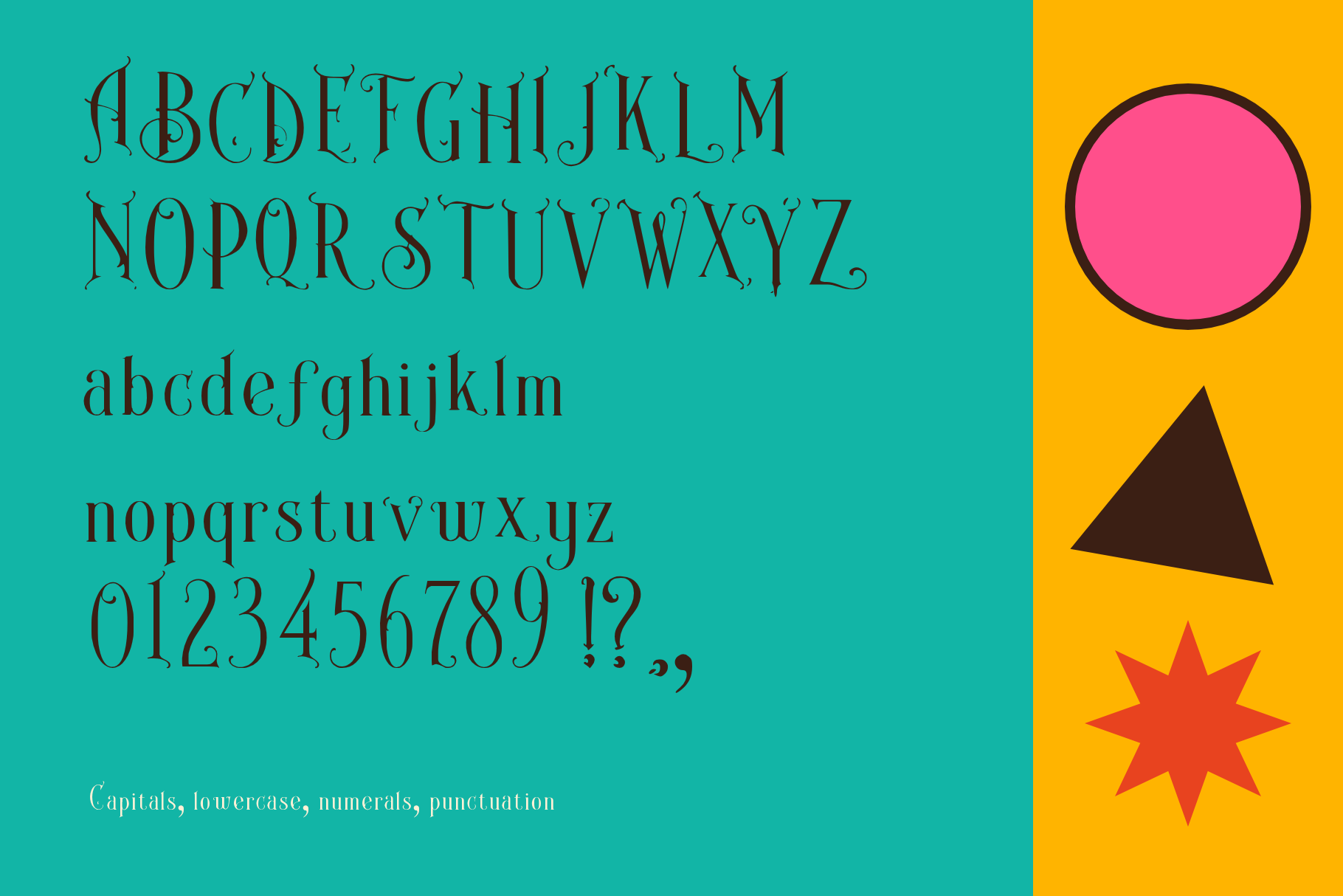 Spice Caravan character set with capitals, lowercase, numerals and punctuation in a dark ornate serif on teal